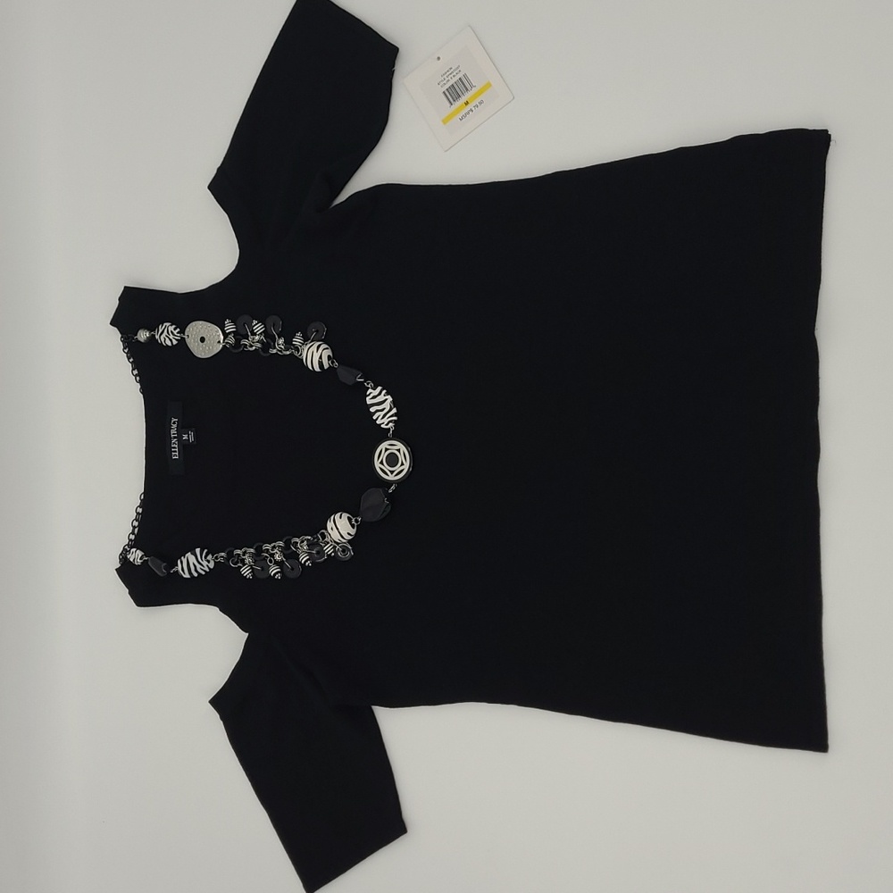 Ellen Tracy NWT Crew Neck Cold Shoulder Short Sleeve Black Sweater Women's Sz. M
